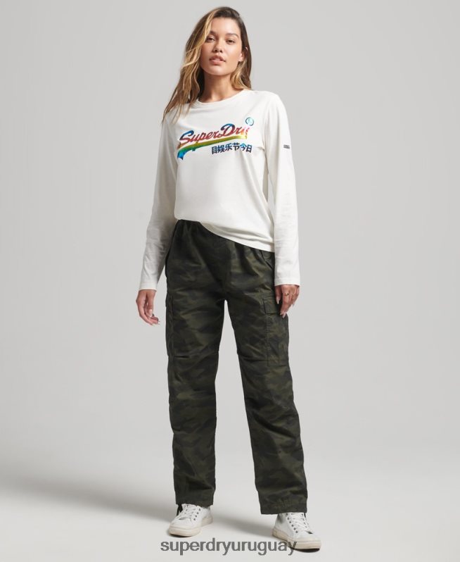 uy Superdry mujer top de manga larga con logo vintage y arcoíris blanco DT2N8Z3070 ropa