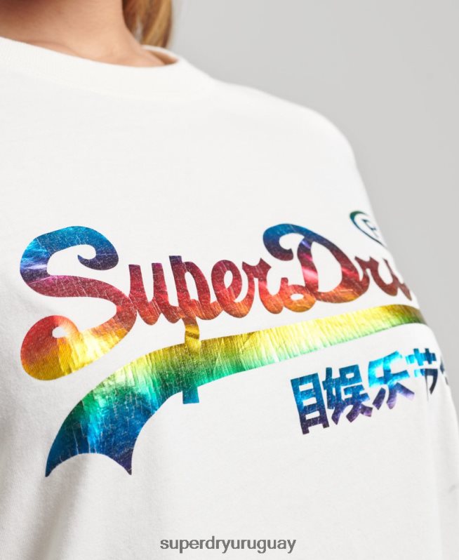 uy Superdry mujer top de manga larga con logo vintage y arcoíris blanco DT2N8Z3070 ropa