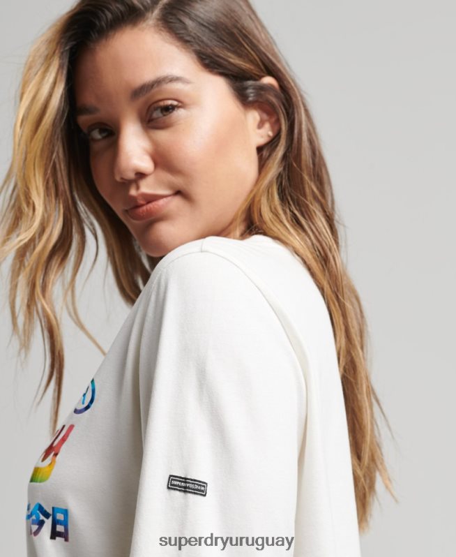 uy Superdry mujer top de manga larga con logo vintage y arcoíris blanco DT2N8Z3070 ropa