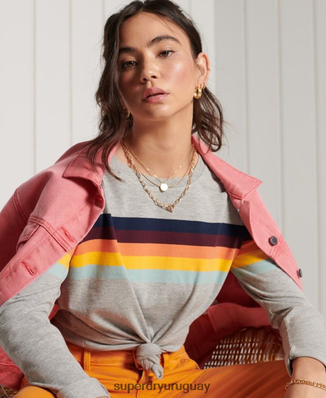 uy Superdry mujer top de manga larga con rayas cali de algodón orgánico gris claro DT2N8Z6781 ropa