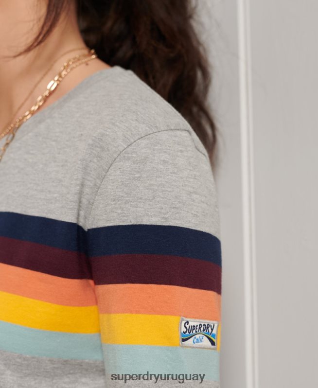 uy Superdry mujer top de manga larga con rayas cali de algodón orgánico gris claro DT2N8Z6781 ropa