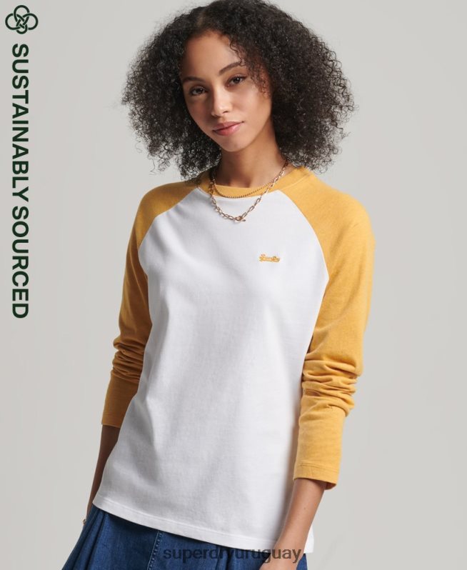 uy Superdry mujer top de manga larga de béisbol vintage de algodón orgánico amarillo DT2N8Z6654 ropa