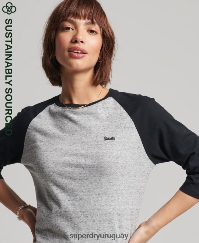 uy Superdry mujer top de manga larga de béisbol vintage de algodón orgánico gris oscuro DT2N8Z6643 ropa