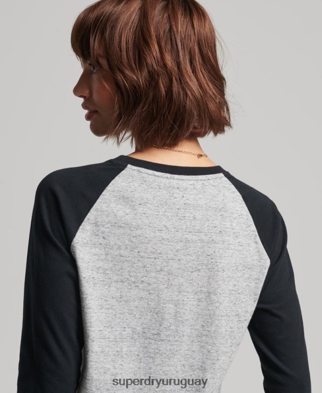 uy Superdry mujer top de manga larga de béisbol vintage de algodón orgánico gris oscuro DT2N8Z6643 ropa