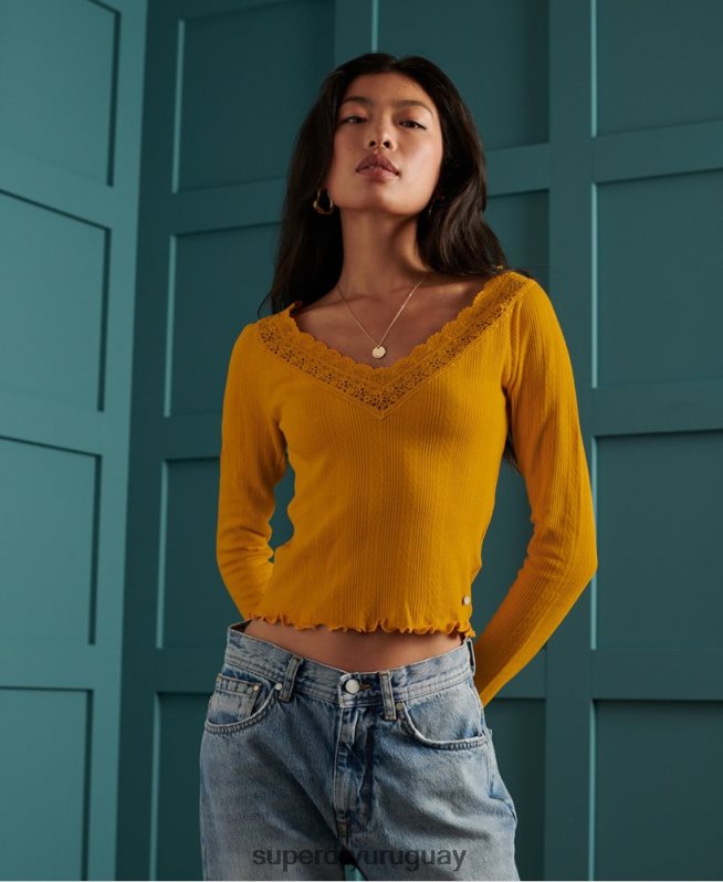 uy Superdry mujer top de manga larga de encaje pointelle amarillo DT2N8Z3034 ropa