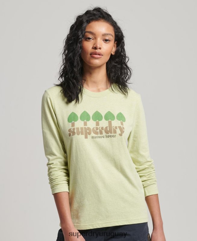 uy Superdry mujer top de manga larga de nostalgia vintage verde DT2N8Z2987 ropa
