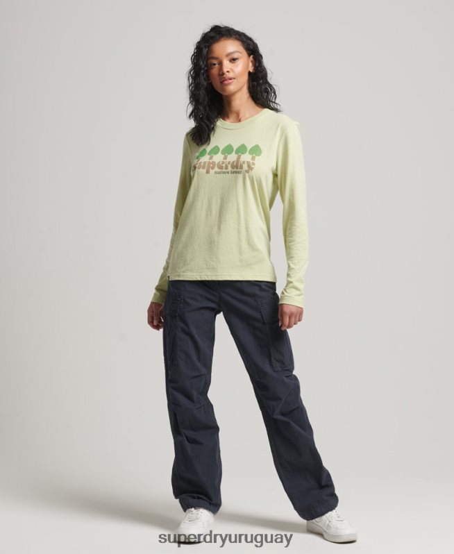 uy Superdry mujer top de manga larga de nostalgia vintage verde DT2N8Z2987 ropa