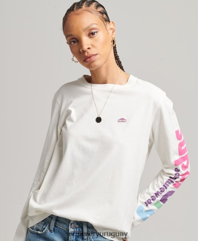 uy Superdry mujer top de manga larga de terreno de los años 90 blanco DT2N8Z6745 ropa