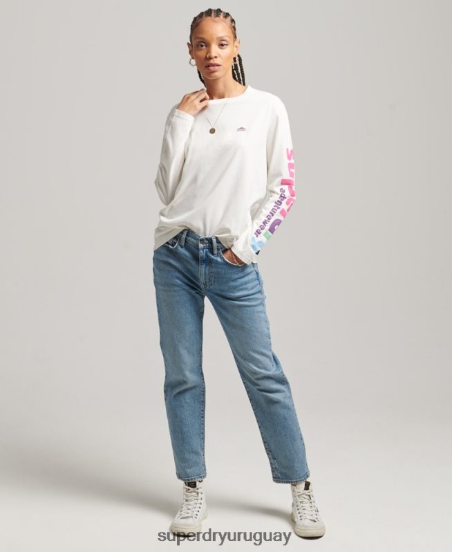 uy Superdry mujer top de manga larga de terreno de los años 90 blanco DT2N8Z6745 ropa