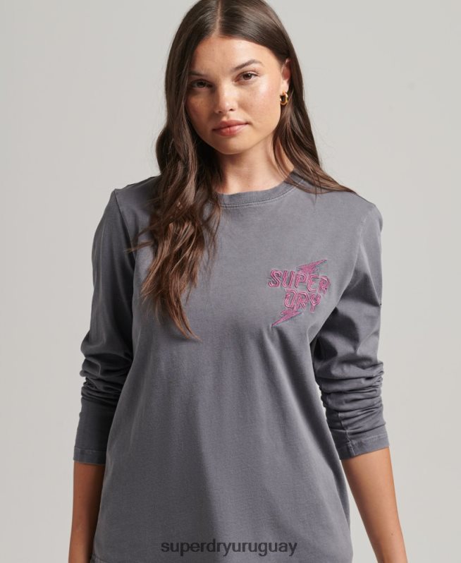 uy Superdry mujer top de manga larga marca indie gris oscuro DT2N8Z3027 ropa