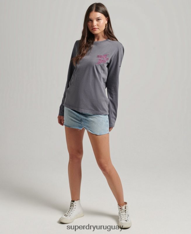 uy Superdry mujer top de manga larga marca indie gris oscuro DT2N8Z3027 ropa