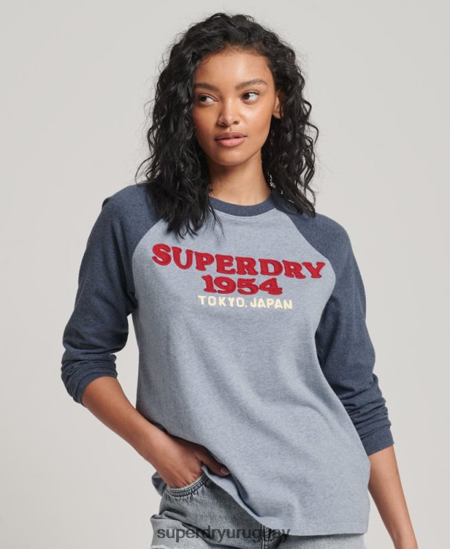 uy Superdry mujer top de manga larga raglán con logo vintage azul DT2N8Z2266 ropa
