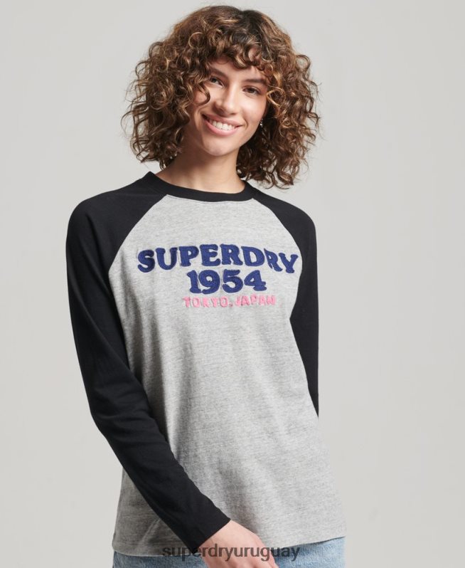 uy Superdry mujer top de manga larga raglán con logo vintage gris DT2N8Z2136 ropa