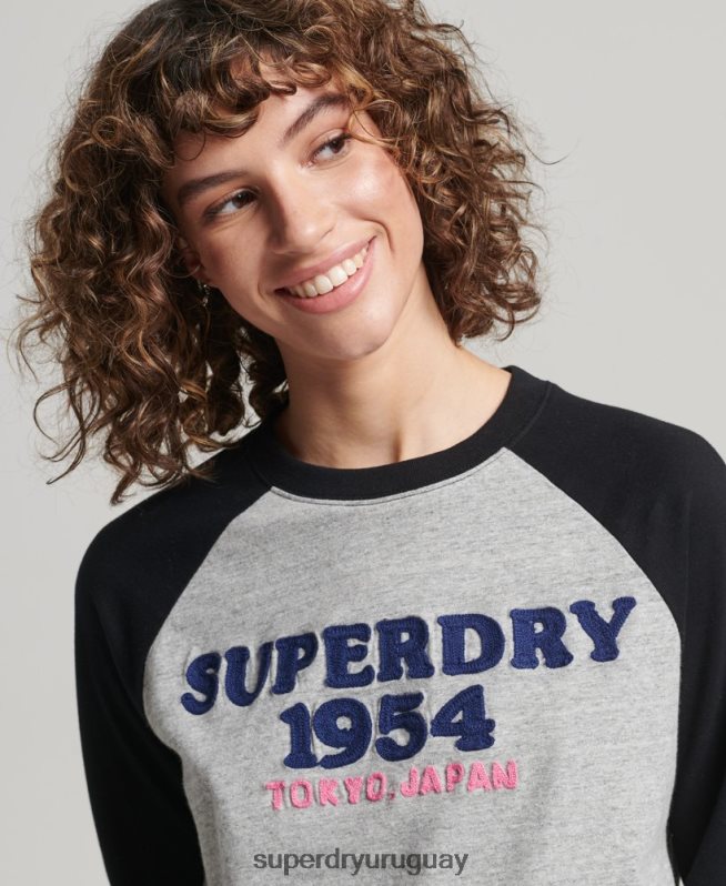 uy Superdry mujer top de manga larga raglán con logo vintage gris DT2N8Z2136 ropa