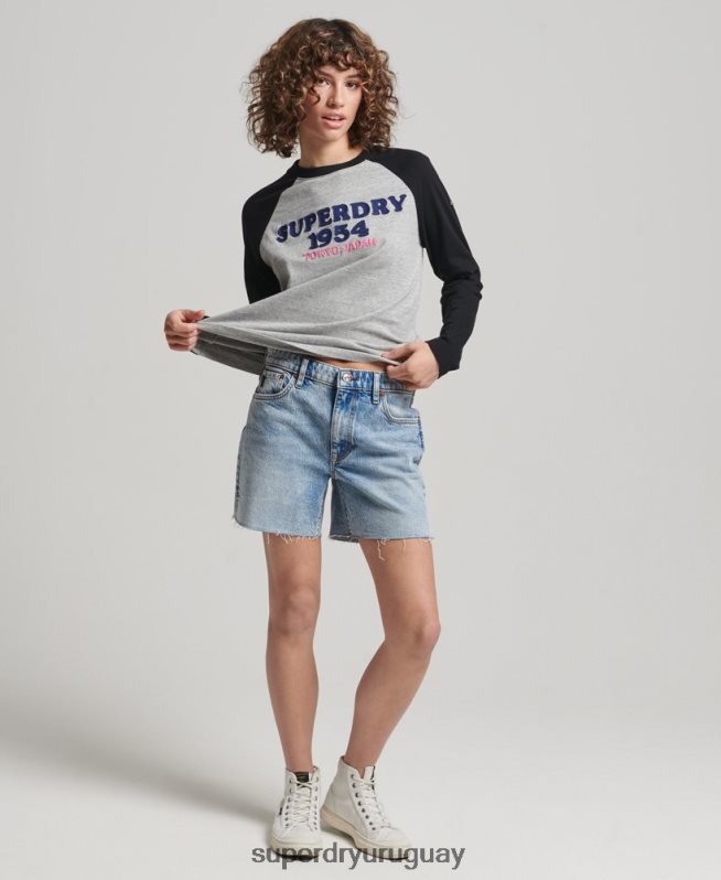 uy Superdry mujer top de manga larga raglán con logo vintage gris DT2N8Z2136 ropa