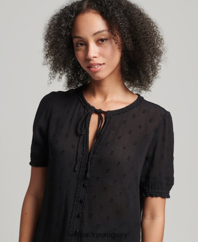 uy Superdry mujer top vintage de manga corta bordado negro DT2N8Z6696 ropa