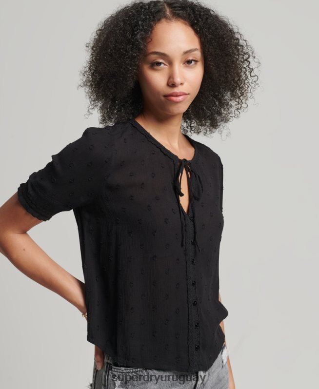 uy Superdry mujer top vintage de manga corta bordado negro DT2N8Z6696 ropa