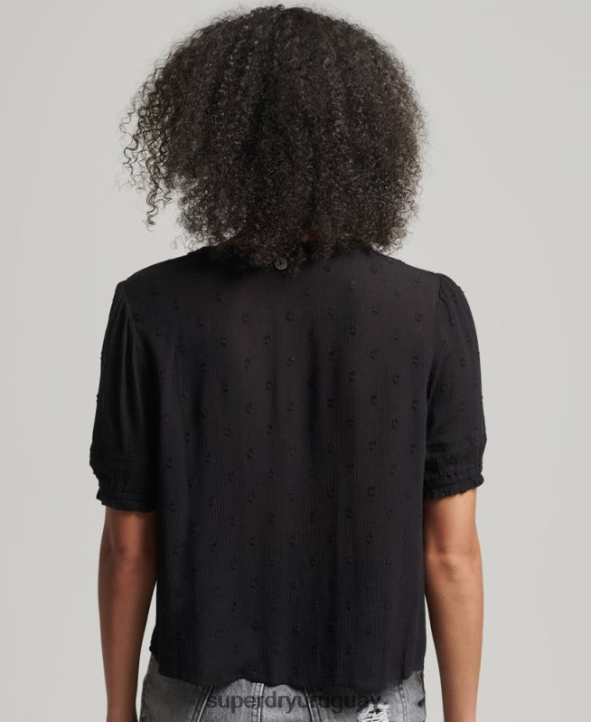 uy Superdry mujer top vintage de manga corta bordado negro DT2N8Z6696 ropa