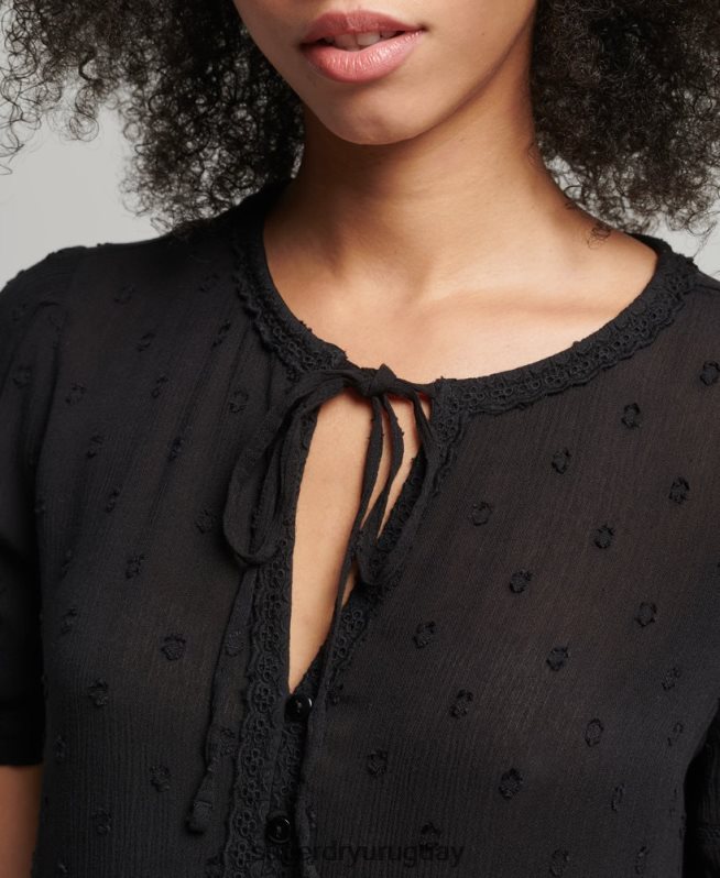 uy Superdry mujer top vintage de manga corta bordado negro DT2N8Z6696 ropa