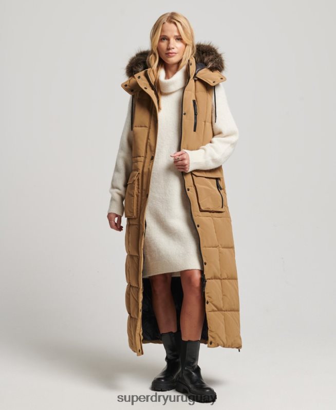 uy Superdry mujer chaleco acolchado de pelo largo con capucha marrón DT2N8Z3572 ropa