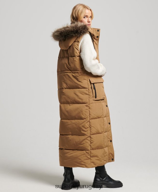 uy Superdry mujer chaleco acolchado de pelo largo con capucha marrón DT2N8Z3572 ropa