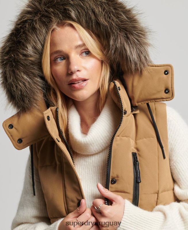 uy Superdry mujer chaleco acolchado de pelo largo con capucha marrón DT2N8Z3572 ropa