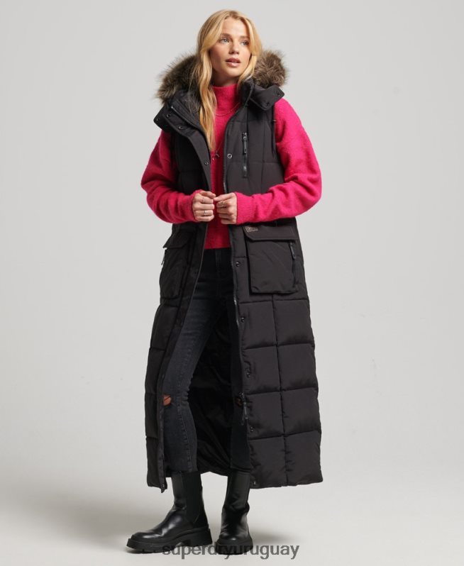 uy Superdry mujer chaleco acolchado de pelo largo con capucha negro DT2N8Z3596 ropa