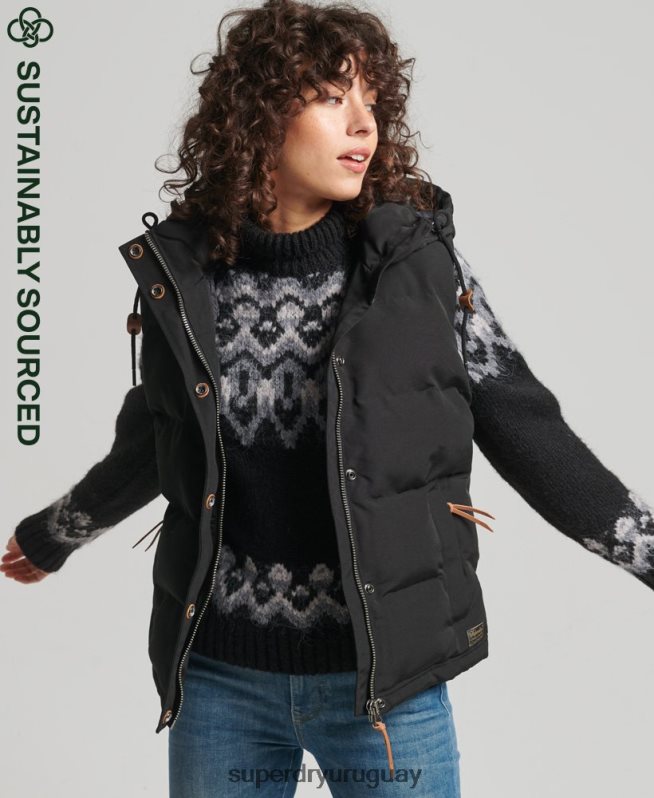 uy Superdry mujer chaleco acolchado everest con capucha negro DT2N8Z3783 ropa