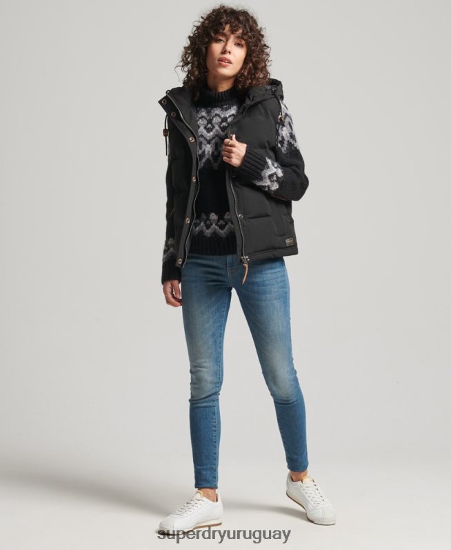 uy Superdry mujer chaleco acolchado everest con capucha negro DT2N8Z3783 ropa