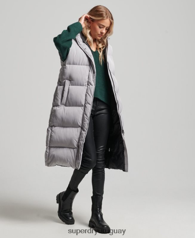 uy Superdry mujer chaleco acolchado largo con capucha gris claro DT2N8Z3573 ropa
