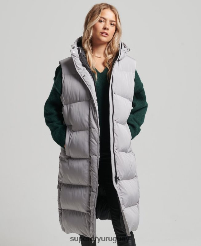 uy Superdry mujer chaleco acolchado largo con capucha gris claro DT2N8Z3573 ropa