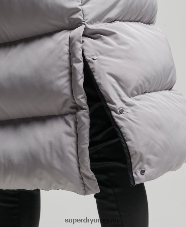 uy Superdry mujer chaleco acolchado largo con capucha gris claro DT2N8Z3573 ropa