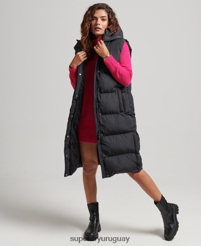 uy Superdry mujer chaleco acolchado largo con capucha negro DT2N8Z3720 ropa