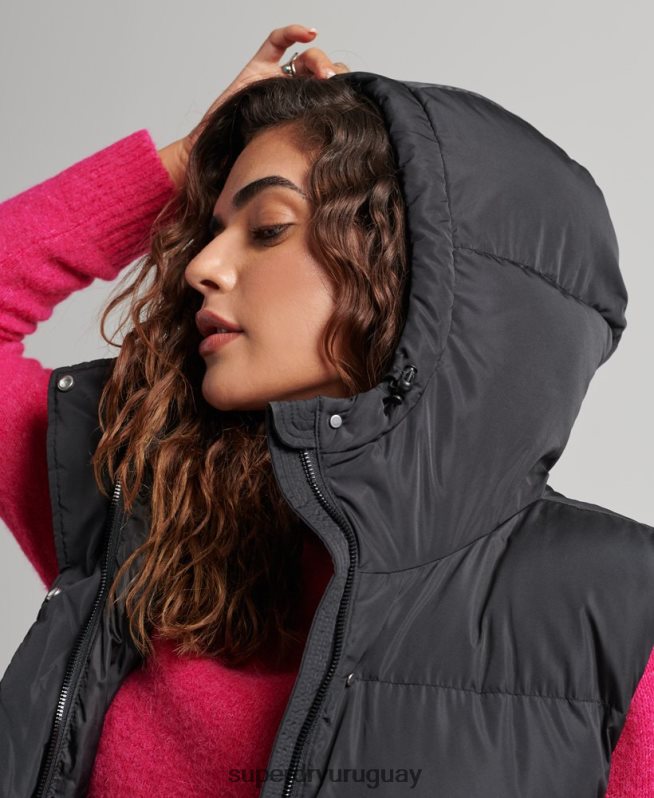 uy Superdry mujer chaleco acolchado largo con capucha negro DT2N8Z3720 ropa
