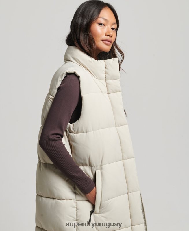 uy Superdry mujer chaleco acolchado largo de ripstop beige DT2N8Z3651 ropa