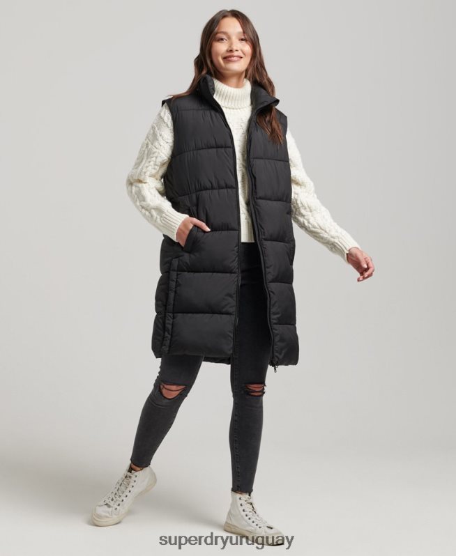 uy Superdry mujer chaleco capitonado largo negro DT2N8Z3659 ropa
