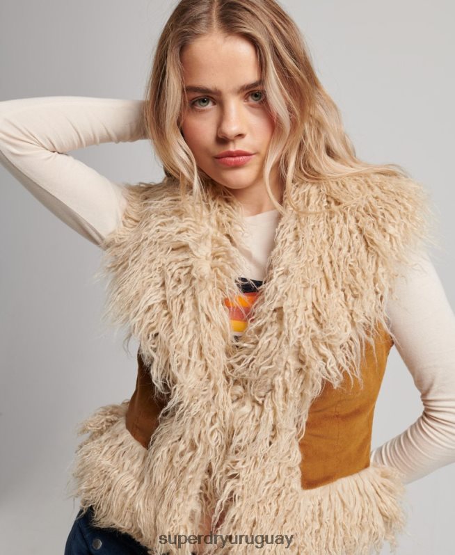 uy Superdry mujer chaleco corto afgano con forro de piel sintética marrón DT2N8Z3553 ropa