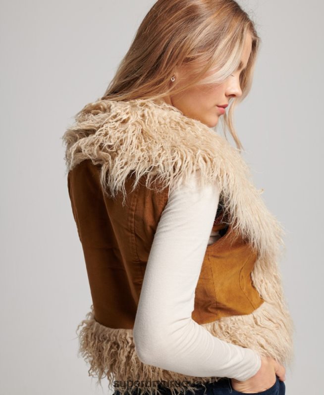uy Superdry mujer chaleco corto afgano con forro de piel sintética marrón DT2N8Z3553 ropa