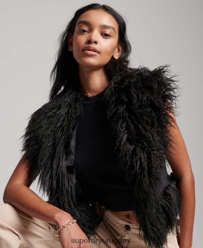 uy Superdry mujer chaleco corto afgano con forro de piel sintética negro DT2N8Z3793 ropa