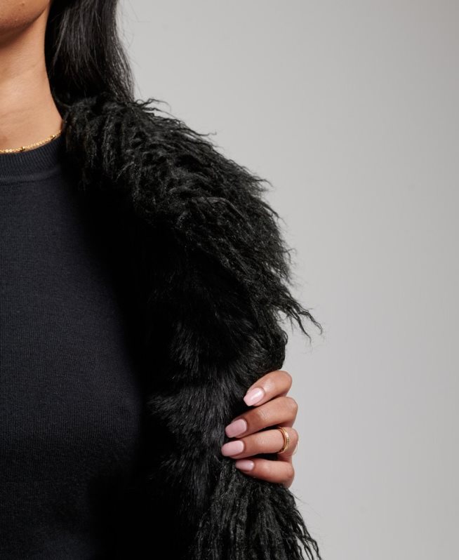 uy Superdry mujer chaleco corto afgano con forro de piel sintética negro DT2N8Z3793 ropa
