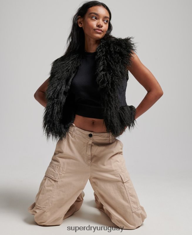 uy Superdry mujer chaleco corto afgano con forro de piel sintética negro DT2N8Z3793 ropa
