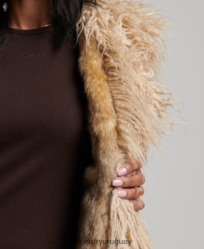 uy Superdry mujer chaleco largo afgano de piel sintética marrón DT2N8Z3560 ropa