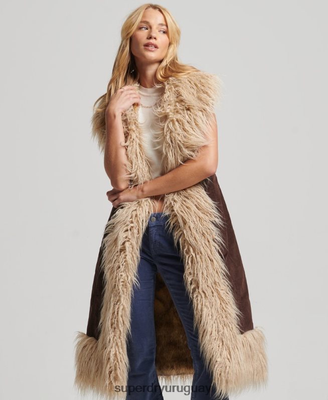 uy Superdry mujer chaleco largo afgano de piel sintética marrón DT2N8Z3561 ropa