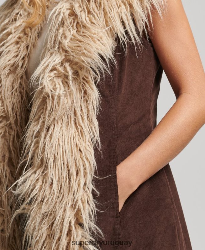 uy Superdry mujer chaleco largo afgano de piel sintética marrón DT2N8Z3561 ropa