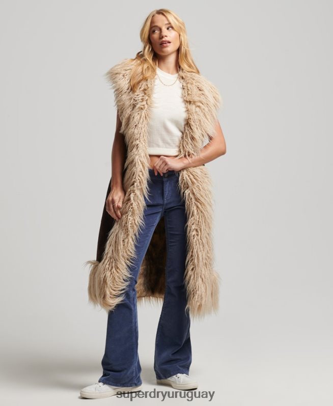 uy Superdry mujer chaleco largo afgano de piel sintética marrón DT2N8Z3561 ropa