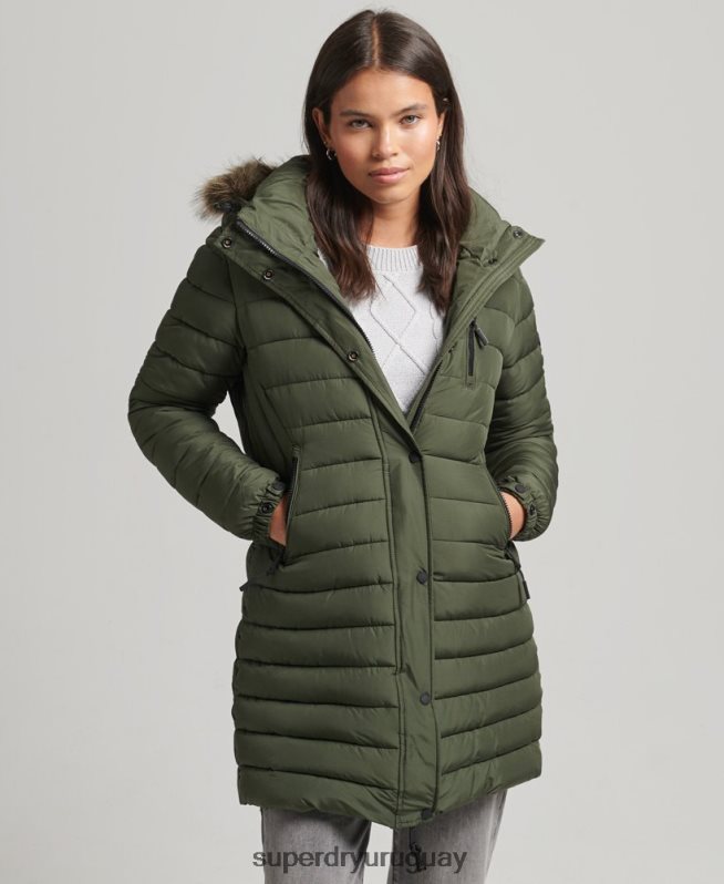 uy Superdry mujer chamarra acolchada de pelo sintético con capucha caqui DT2N8Z3715 ropa