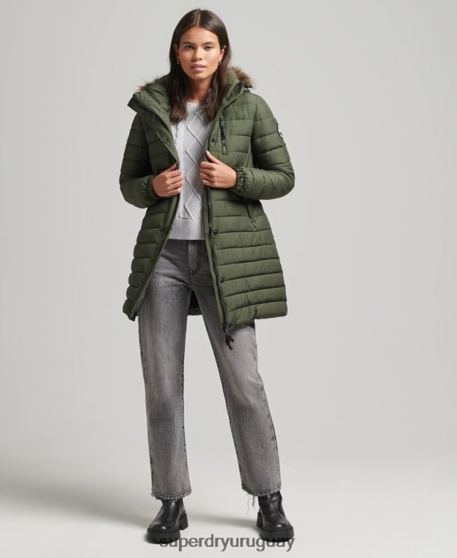 uy Superdry mujer chamarra acolchada de pelo sintético con capucha caqui DT2N8Z3715 ropa