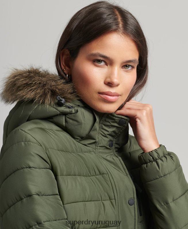 uy Superdry mujer chamarra acolchada de pelo sintético con capucha caqui DT2N8Z3715 ropa