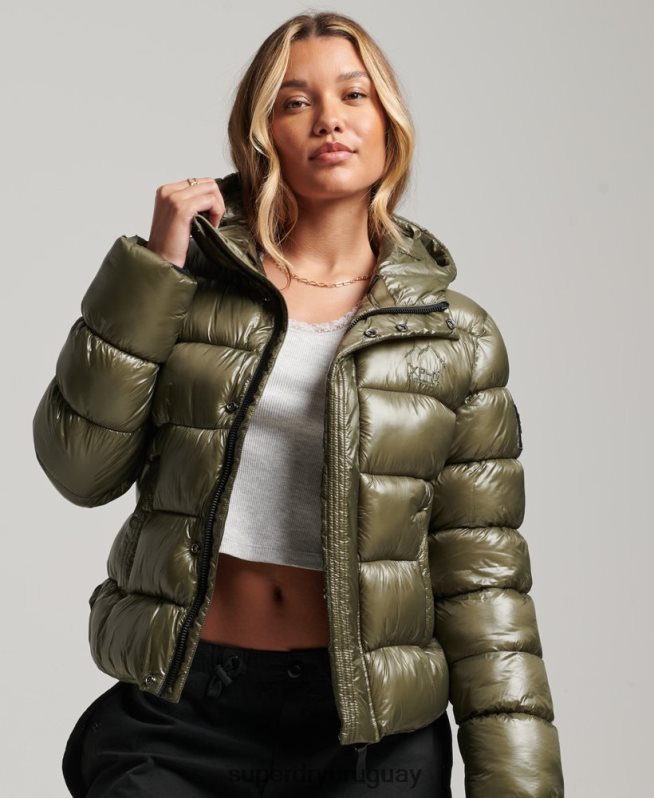 uy Superdry mujer chamarra acolchada deportiva brillante con capucha verde DT2N8Z3691 ropa