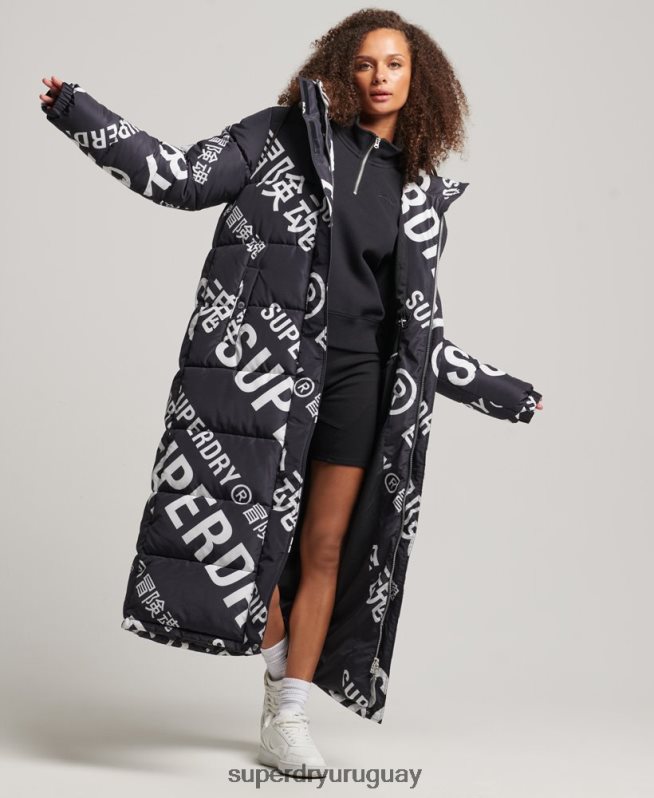 uy Superdry mujer chamarra acolchada larga con estampado completo negro DT2N8Z5653 ropa
